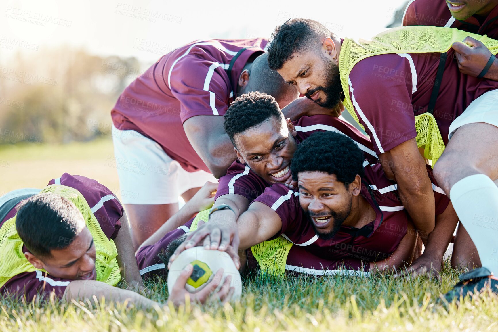 Buy stock photo Team, sport and rugby by men in training, tackle and workout match at sports field outdoors. Diversity, man and group with ball for workout, challenge or performance, competitive and physical fitness