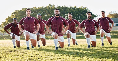 Buy stock photo Rugby, sports and a team of men portrait doing lunges for training or competition game on a field. Fitness, sport and stretching with diversity athlete group in a warm up before an outdoor match
