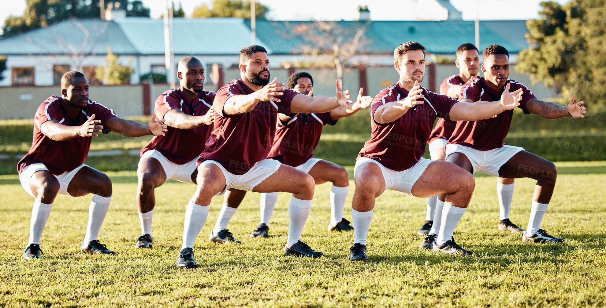 Buy stock photo Rugby, warm up or team stretching in training, exercise or practice with solidarity or unity together. Collaboration, fitness group or athletes exercising to start a game or match in sports stadium