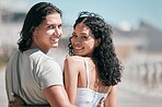 Portrait, hug and couple at the beach for travel, fun and walking against blurred background. Face, love and woman embracing man rear view on vacation, relax and bond on a trip together in Miami