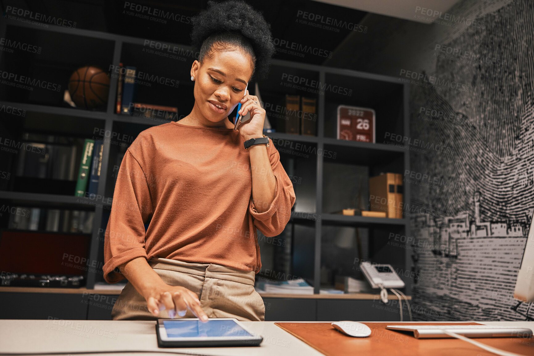 Buy stock photo Black woman, phone call and tablet with small business and owner in office or store, communication and technology. Chat with supplier, entrepreneur and digital stock checklist with desk and talking