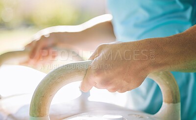 Buy stock photo Hands, gymnastics pommel horse and handle with fitness, training for competition with exercise equipment. Professional sport, test person strength and balance with workout studio and gymnast club