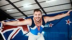 Man, athlete and flag on shoulder with medal, smile and sports for portrait, competition and pride. New Zealand champion, happy and winner with gold, celebrate or success in global gymnastics contest