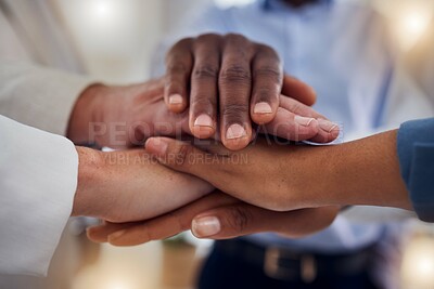 Buy stock photo Office, teamwork and diversity, hands together in huddle for team building, collaboration and motivation at startup. Men, women and employees mission in solidarity for business growth or development.