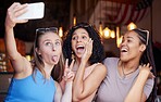 Wow, friends and selfie with women in restaurant for social media, freedom and support. Happy, diversity and excited with girl and phone in coffee shop for picture, networking and relax on weekend