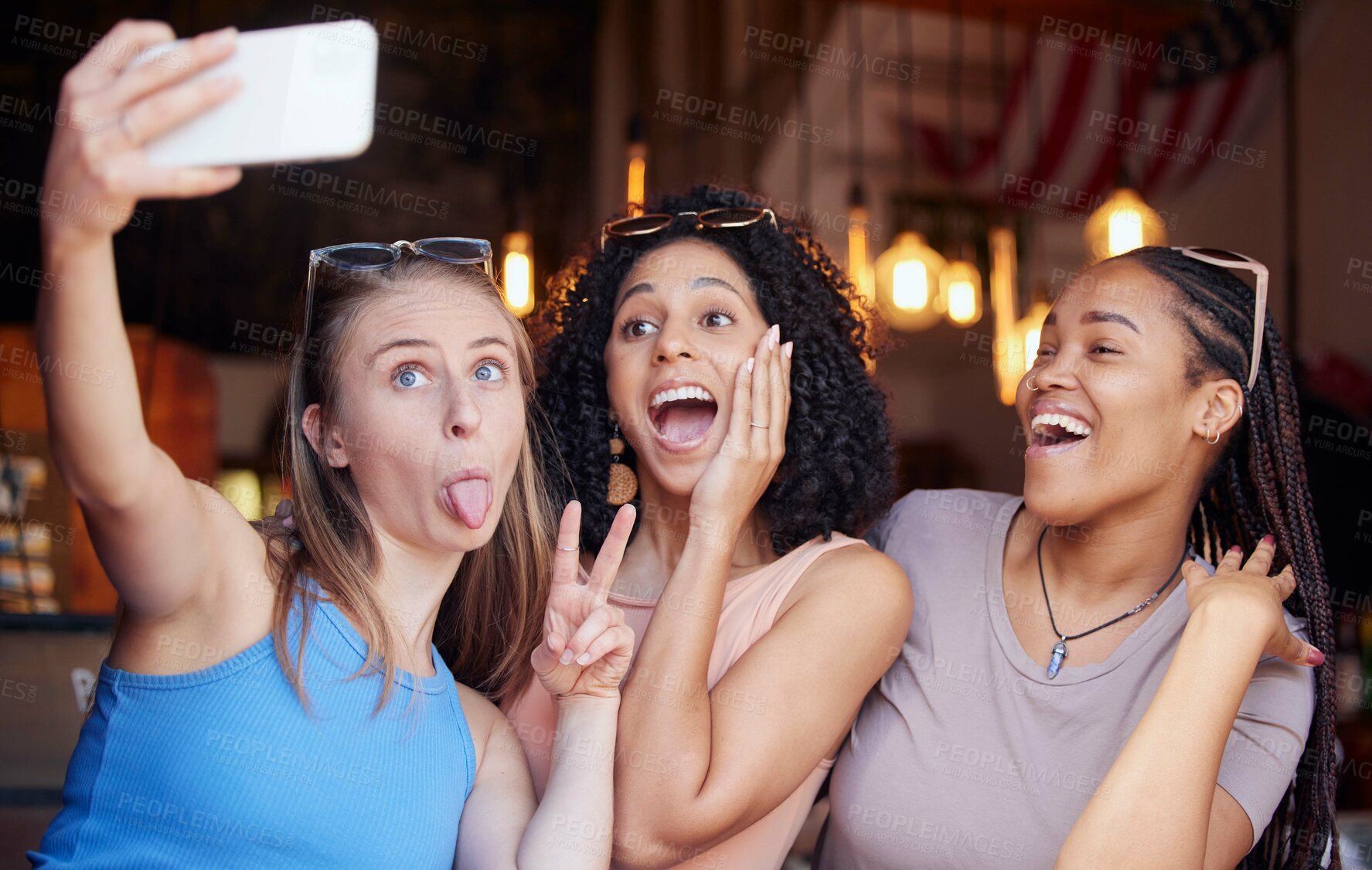 Buy stock photo Wow, friends and selfie with women in restaurant for social media, freedom and support. Happy, diversity and excited with girl and phone in coffee shop for picture, networking and relax on weekend