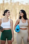 Fitness, start or friends in nature for yoga exercise workout or body training in healthy lifestyle. Athlete girls, women or fun people with happy smile ready for exercising together in summer on mat