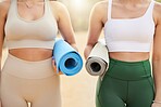 Fitness, mat or friends in nature for yoga exercise to start workout or body training in healthy lifestyle. Athlete girls, women or people with slim bodies ready for exercising together in summer