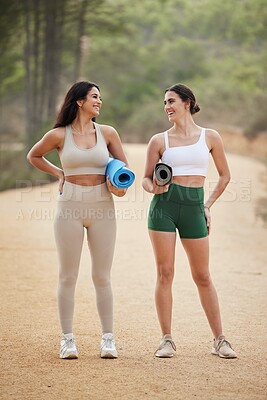 Buy stock photo Fitness, start or happy friends in nature for yoga exercise, cardio workout or body training on mat. Healthy athlete girls smile, relaxed women or fun people ready for outdoor exercising together 