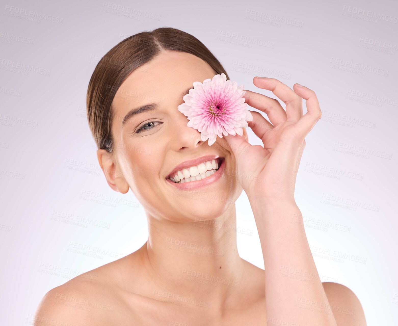 Buy stock photo Portrait, flowers or face of happy woman with creative facial design, floral product and healthy skincare glow. Makeup cosmetics, smile or girl model with natural beauty isolated on studio background