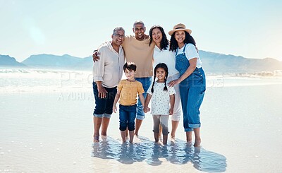 Buy stock photo Portrait, beach and black family with mockup outdoor in nature together on vacation during summer. Happy, smile or love with children, parents and grandparents bonding on the coast for a holiday