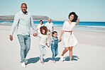 Happy, beach and family holding hands while on a walk together on summer vacation, adventure or weekend trip. Love, activity and parents with their children by the ocean on tropical holiday in Mexico