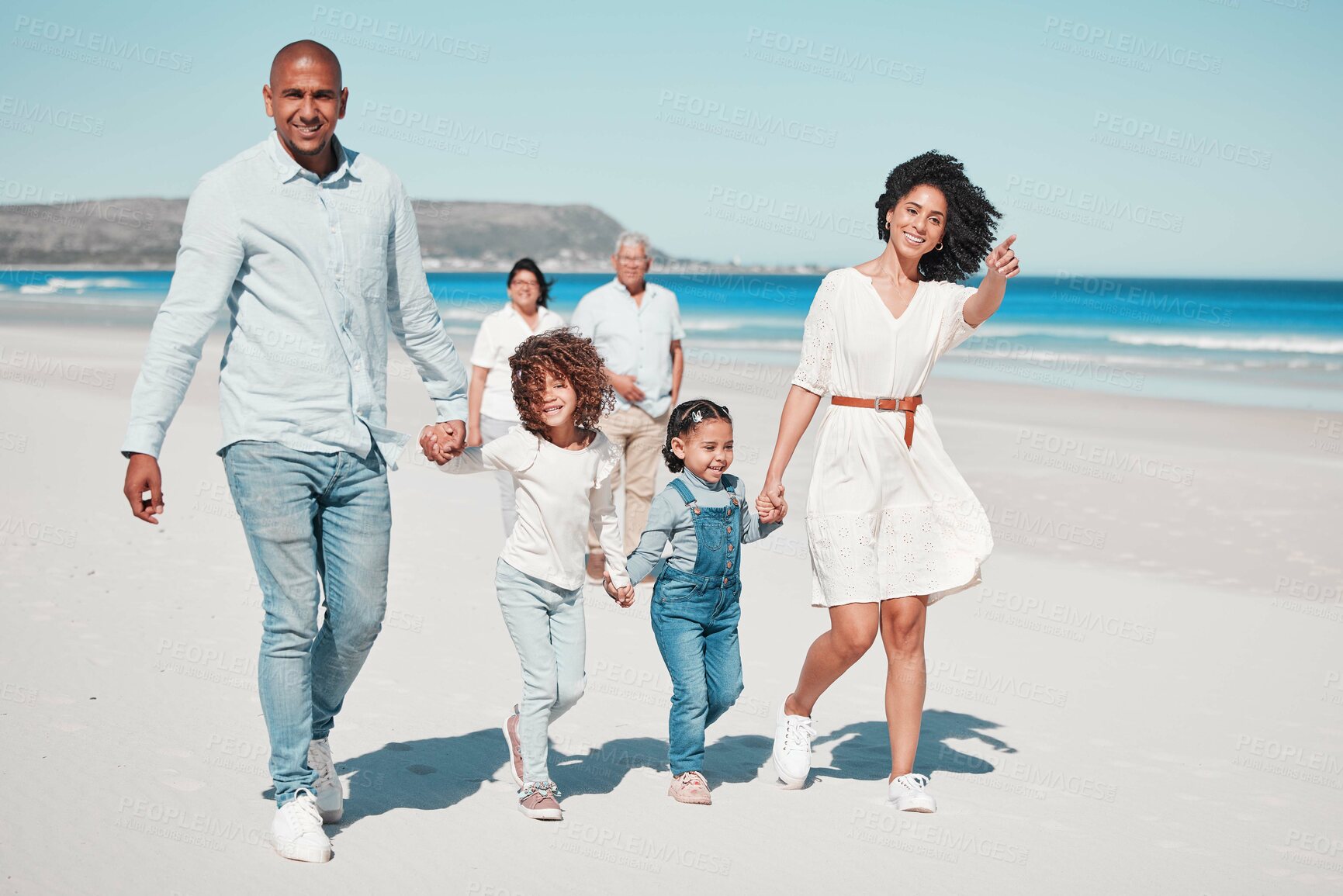 Buy stock photo Happy, beach and family holding hands while on a walk together on summer vacation, adventure or weekend trip. Love, activity and parents with their children by the ocean on tropical holiday in Mexico