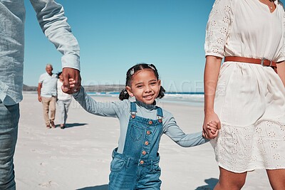 Buy stock photo Mother, father and girl holding hands by the beach to relax on summer holiday, vacation and weekend. Happy family, travel and portrait of child with mom and dad for fun, bonding and quality time