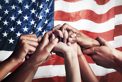 Buy stock photo Collaboration, unity and hands holding on American flag for community together in teamwork for the country. Group, support and closeup of international team meeting in trust, activism and victory