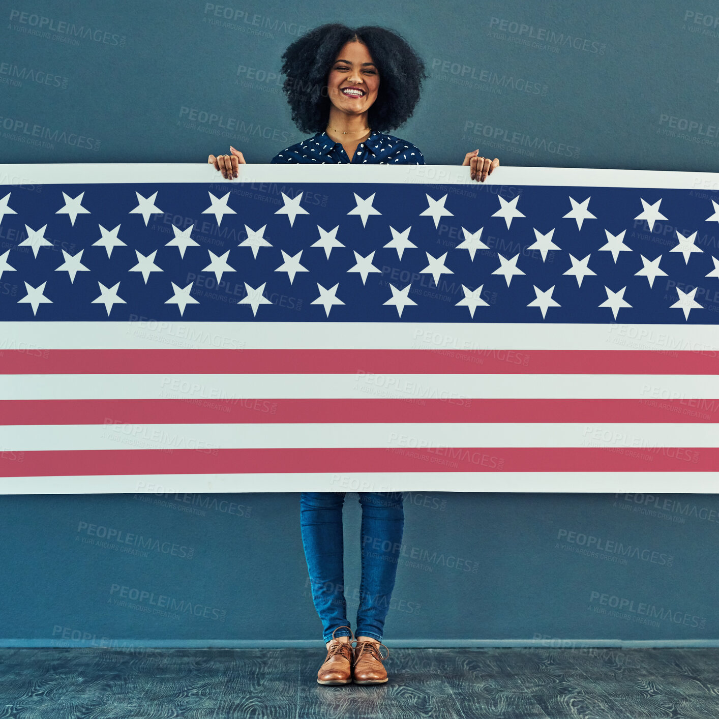 Buy stock photo Portrait, American flag and woman with smile, patriotic and pride for country against a wall. Face, female and person with USA symbol, confidence and motivation for freedom, human rights or happiness