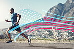 American flag, running and man with challenge for sports, cross country marathon and cardio workout. Fitness, performance and male athlete on road in USA with speed for exercise, training or wellness