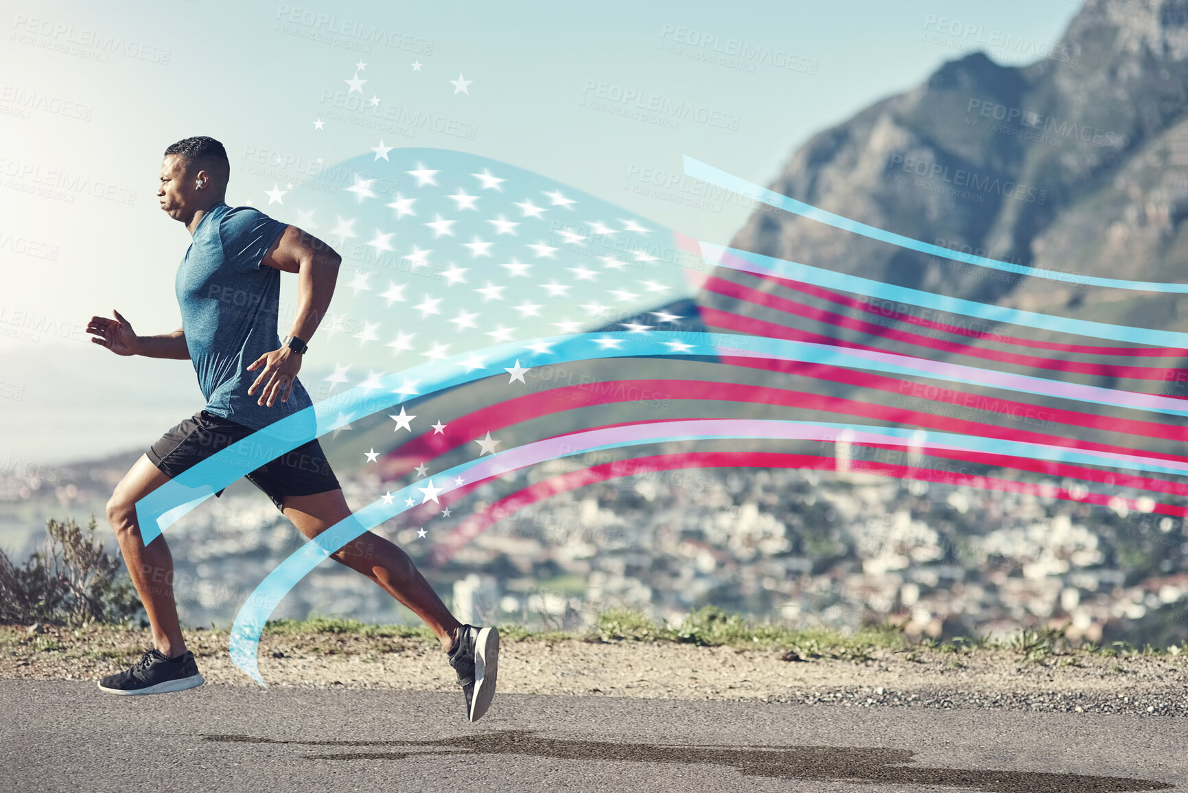Buy stock photo American flag, running and man with challenge for sports, cross country marathon and cardio workout. Fitness, performance and male athlete on road in USA with speed for exercise, training or wellness