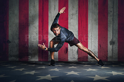 Buy stock photo Portrait, fitness and a sports man with a usa flag in studio on a stars and stripes background for competition. Health, exercise or patriot with a male athlete representing the red, white and blue