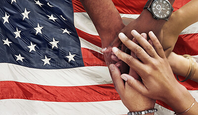 Buy stock photo Teamwork, support and hands stacked on American flag for community together in collaboration for the country. Group, unity and closeup of international team meeting in trust, activism and victory