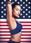 Sports, fitness and portrait of black woman with American flag background for international competition. Confidence, pride and female runner stretching for workout or marathon race at athletic games.
