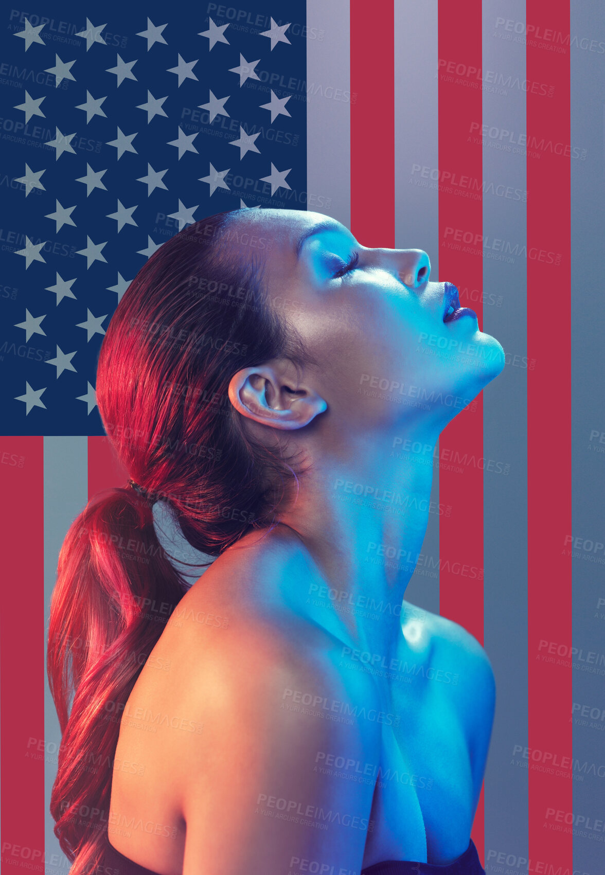 Buy stock photo American, flag and background with woman beauty, self care and skincare isolated in USA empowerment theme. Activist, skin and young natural female volunteer or wellness model closed eyes