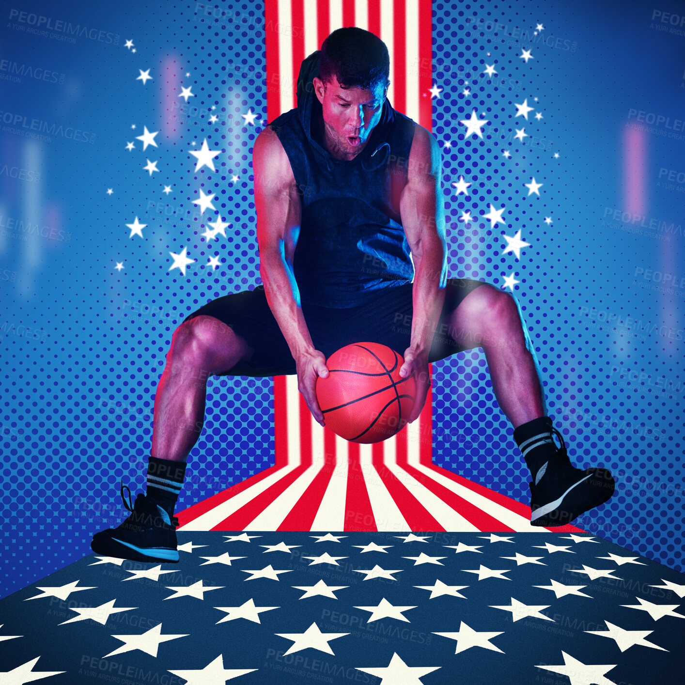 Buy stock photo Sports, usa and basketball with man on background for fitness, training and competition match. Championship, games and muscle with athlete and ball with American pride for national, league and club