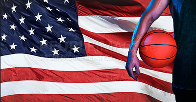 Buy stock photo Sports, usa flag, and basketball with hand of man for fitness, training and competition match. Championship, games and muscle with athlete and ball with American pride for national, league and club