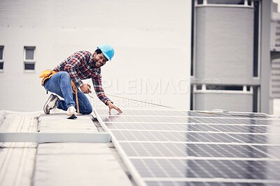 Buy stock photo Happy portrait man, solar panel and tape measure for photovoltaic grid, electricity sustainability or renewable energy. Rooftop quality inspection, African male handyman and power supply maintenance