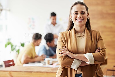 Buy stock photo Business woman, portrait and arms crossed for leadership, smile and excited at startup office. Female manager, young and happiness on face for success with team, entrepreneurship or career management
