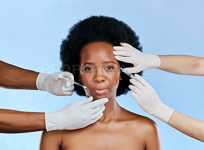Buy stock photo Black woman, facial injection and beauty in portrait, cosmetic procedure, lip filler and dermatology on blue background. Liquid collagen, face and skincare with female model and treatment in studio