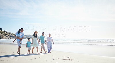 Buy stock photo Beach, walking and grandparents, parents and kids by sea for bonding, quality time and relax in nature. Family, travel mockup and mom, dad and children by ocean on holiday, vacation and adventure