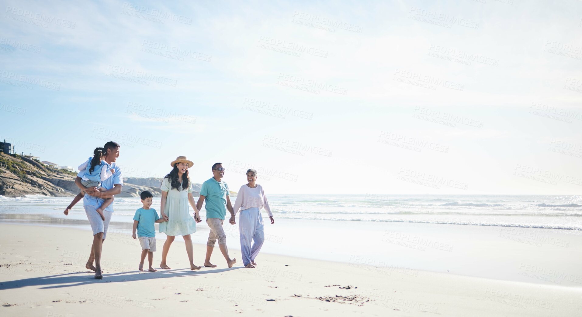 Buy stock photo Beach, walking and grandparents, parents and kids by sea for bonding, quality time and relax in nature. Family, travel mockup and mom, dad and children by ocean on holiday, vacation and adventure