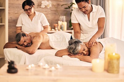 Buy stock photo Massage, senior and a couple at the spa to relax on their anniversary together for peace, wellness or bonding. Luxury, beauty or body care with an old woman and man in a salon for physical therapy