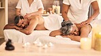 Relax, senior and a married couple at the spa for a massage together for peace, wellness or bonding. Luxury, skin or body care with an old woman and man in a beauty salon for physical therapy