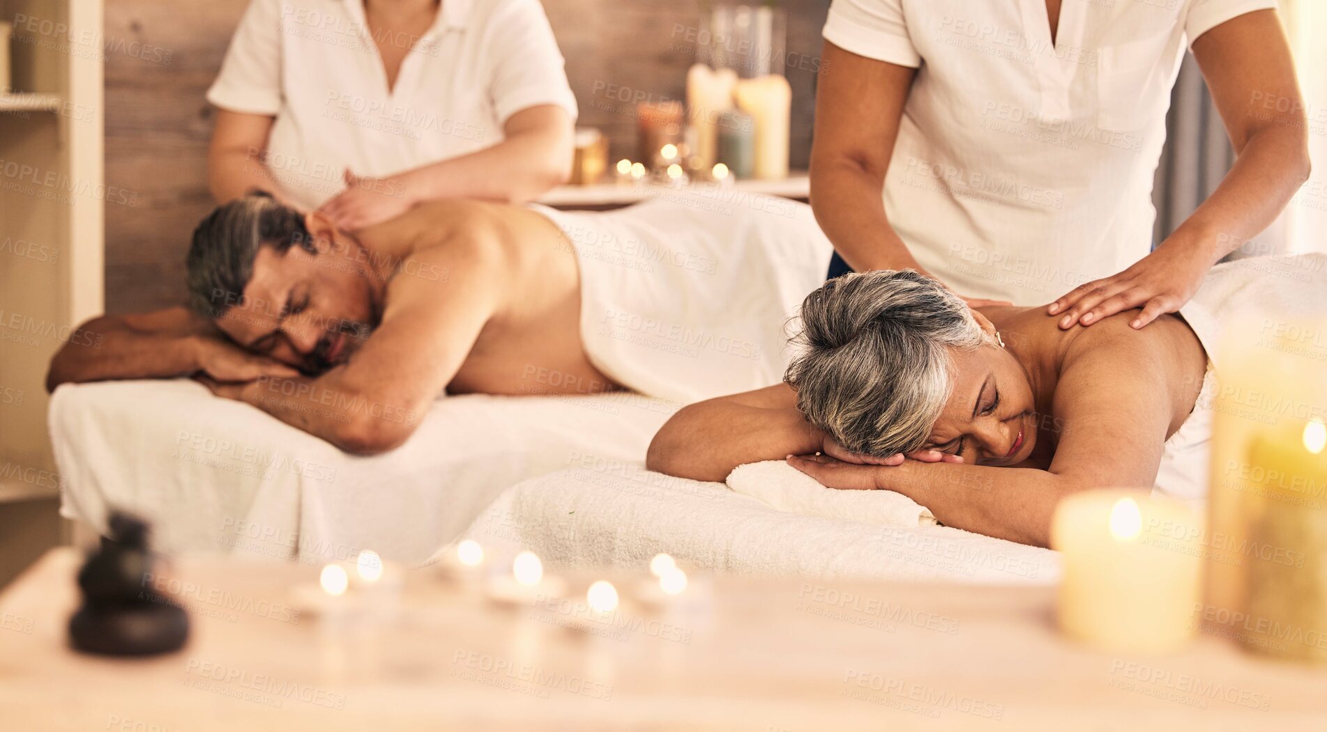 Buy stock photo Relax, senior and a couple at the spa for a massage together for peace, wellness or bonding. Luxury, skin or body care with an old woman and man in a beauty salon for physical therapy or treatment