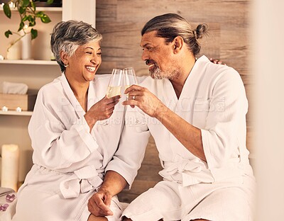 Buy stock photo Couple, hotel and wine glasses for toast in massage, vacation or holiday celebration, love and romance. Champagne, excited and senior people for luxury, wellness and relax, hospitality service or spa