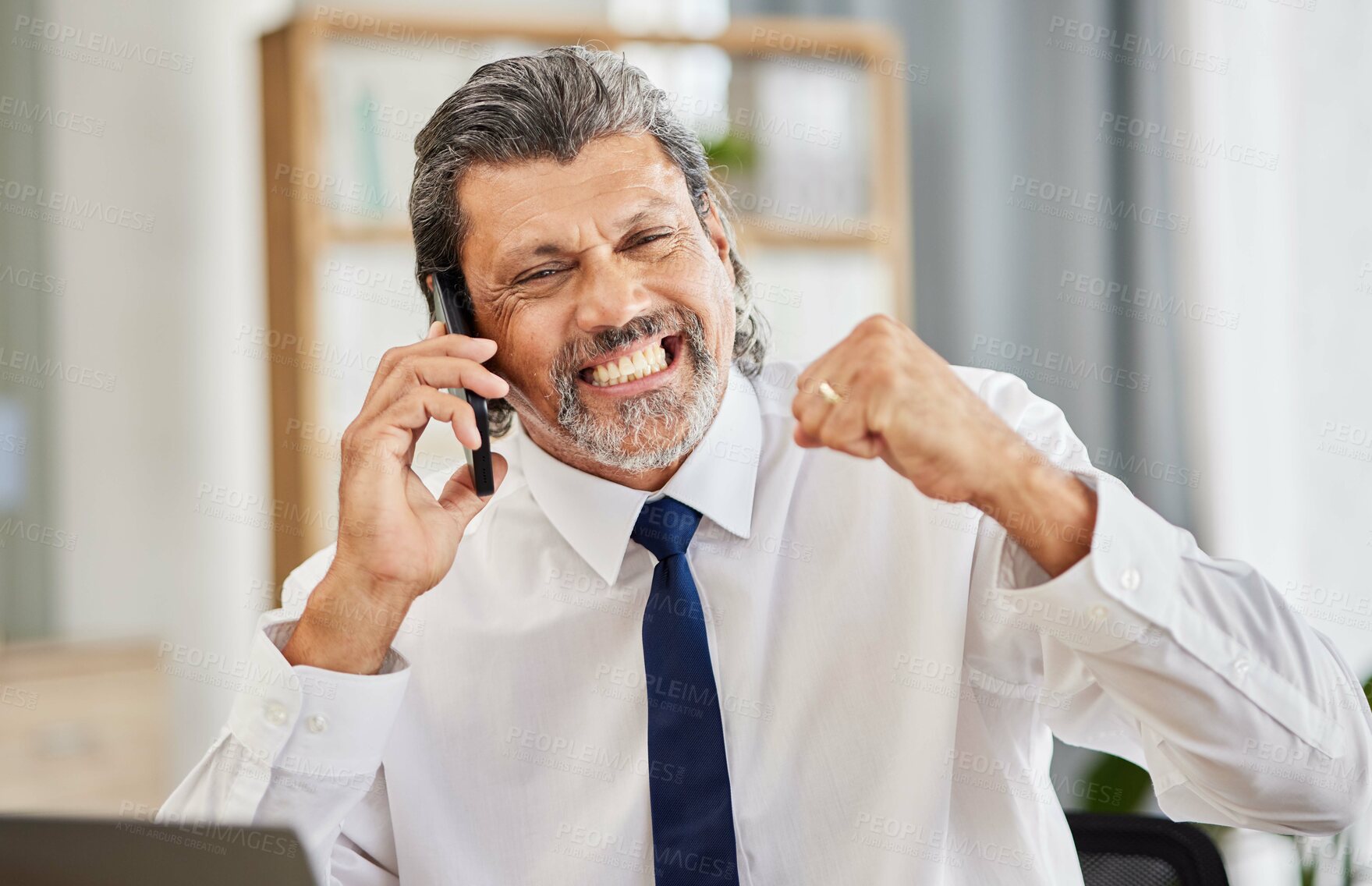 Buy stock photo Phone call, happy man and excited senior manager in office at law firm, consulting on legal advice and success. Cellphone, smile and businessman, attorney or lawyer in winning conversation with pride