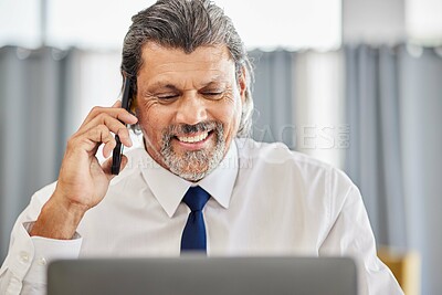 Buy stock photo Phone call, man and senior manager with smile in office at law firm, consulting on legal advice and networking. Cellphone, advice and happy businessman, attorney or lawyer in conversation with pride.