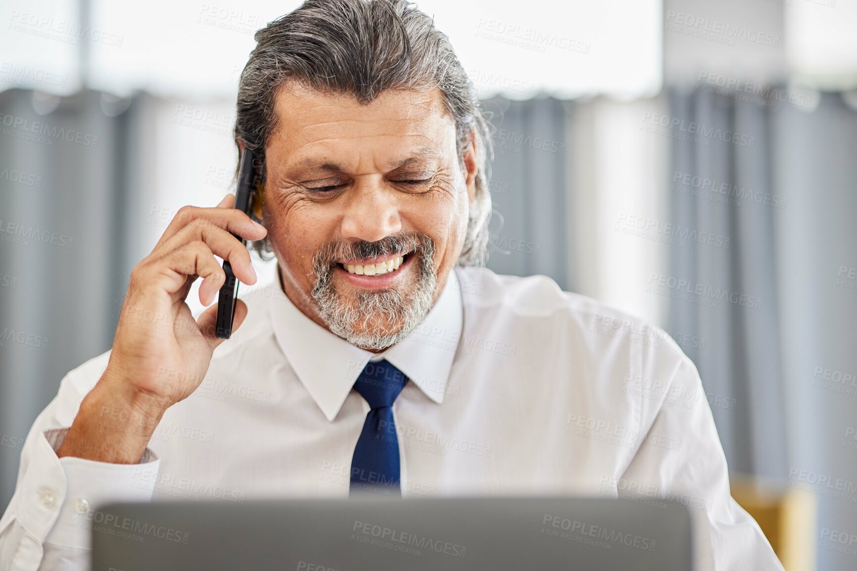 Buy stock photo Phone call, man and senior manager with smile in office at law firm, consulting on legal advice and networking. Cellphone, advice and happy businessman, attorney or lawyer in conversation with pride.