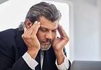 Headache, face and senior business man depressed, frustrated and stress over corporate mistake, bankruptcy or fatigue. Executive crisis, migraine pain and senior person burnout, tired or overwhelmed