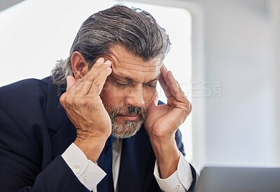 Buy stock photo Headache, face and senior business man depressed, frustrated and stress over corporate mistake, bankruptcy or fatigue. Executive crisis, migraine pain and senior person burnout, tired or overwhelmed