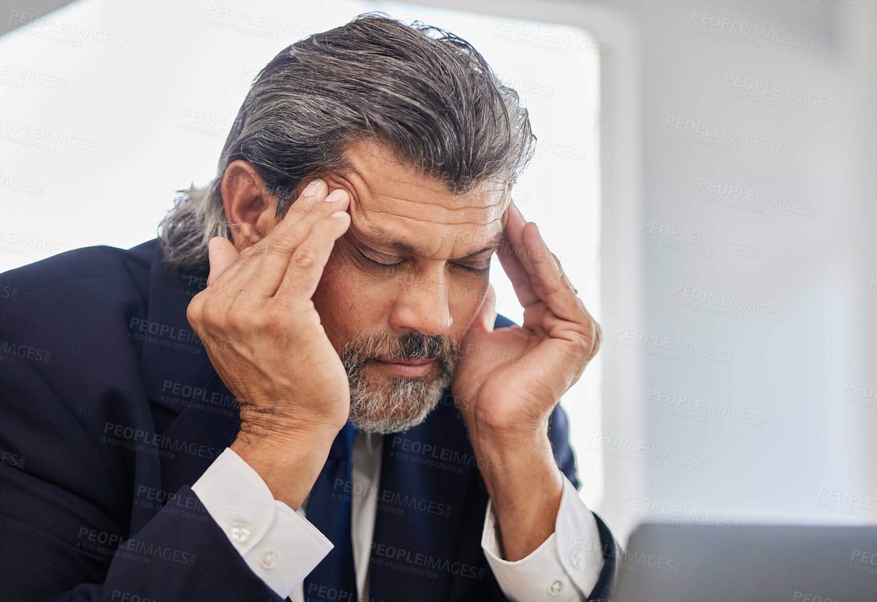 Buy stock photo Headache, face and senior business man depressed, frustrated and stress over corporate mistake, bankruptcy or fatigue. Executive crisis, migraine pain and senior person burnout, tired or overwhelmed