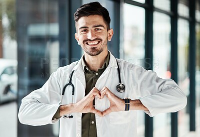 Buy stock photo Happy portrait man, doctor and heart hands for healthcare love, medical service trust and hospital support. Cardiology, emoji health icon and male surgeon for wellness, clinic help or life insurance