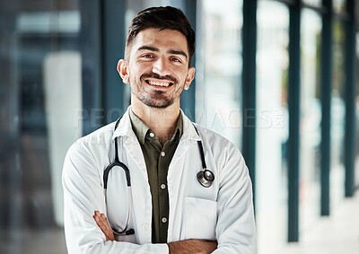 Buy stock photo Portrait, arms crossed and confident doctor, happy man or surgeon smile for healthcare, medical service and hospital support. Cardiology expert, professional and cardiologist pride in wellness clinic