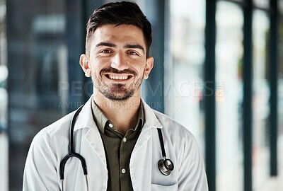 Buy stock photo Portrait, healthcare and confident doctor, happy man or surgeon for medical services, clinic support or professional help. Cardiology health expert, trust and cardiologist pride in hospital wellness