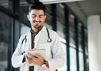 Buy stock photo Happy, doctor and man with tablet in hospital for Telehealth, advice and social chat or research. Healthcare, news and male health expert smile for online, website or internet communication at clinic