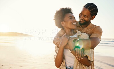 Buy stock photo Smile, hug and couple at the beach at sunset for travel, romance and relax in nature together. Love, freedom and happy man with black woman at sea embrace, connect and enjoy ocean adventure in Miami