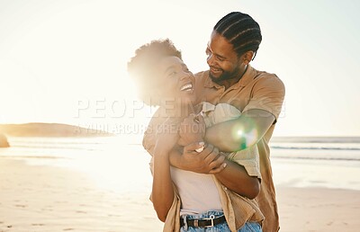 Buy stock photo Beach, sunset and happy black couple hug, love and enjoy time together on Nigeria vacation, travel or romantic date. Marriage honeymoon, lens flare and relax African people embrace on anniversary