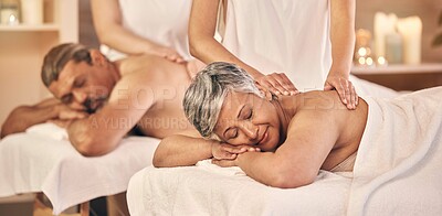 Buy stock photo Relax, massage and mature with couple in spa for vacation, zen and beauty salon. Peace, wellness and holiday with senior woman and man in hotel villa for retirement, oil treatment and body care